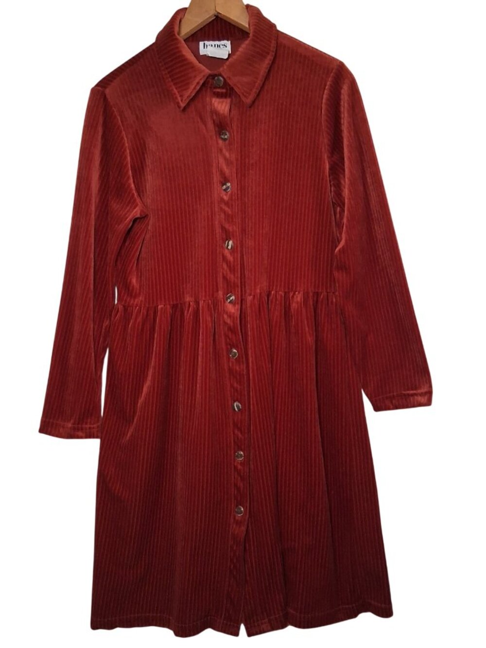 Vintage Hanes Signature Collection Dress Small Rust Ribbed Velour Button Earthy - Picture 2 of 11